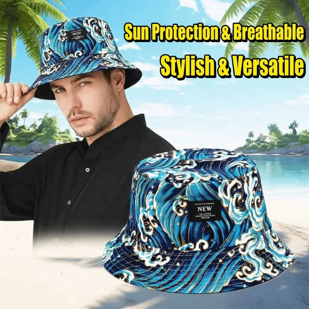 Trendy Packable Reversible Bucket Hat Sea Waves Pattern UV Protection Sun Hat Casual Lightweight Beach Cap For Men Women