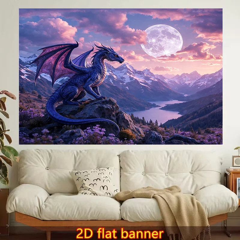 1pc Stylish 2D Flat Printed Wall Tapestry | Dragon At Dusk, Mountainous Landscape, Full | Colorful Aesthetics, Suitable For Living Room, Bedroom, Office
