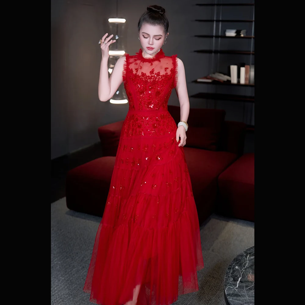 

Meyyithun Women's Dress Mesh Sequined Pleat A-line Scoop Neck Long Dresses Bespoke Occasion Modern Style Sleeveless Prom Dresses