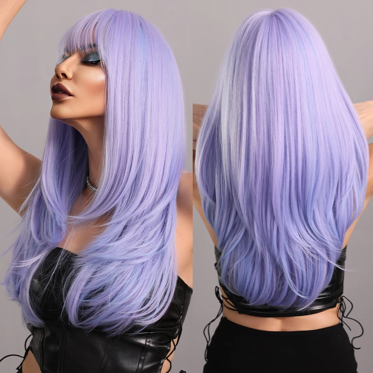 7JHH WIGS Long Wavy Purple Synthetic Wig for Women Daily Cosplay Party Natural Resistant Hair Wigs with Bangs Ombre Wigs