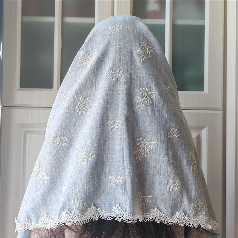 Sky Blue Cotton Floral D Shape Mantilla Catholic Mass Veils Vintage Lace Edge Women Head Covering Embroidered Flowers Ivory