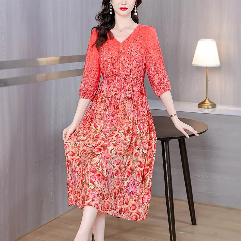 2025 봄 여름 꽃 실크 미디 드레스 여성 빈티지 Boho 패션 캐주얼 라이트 드레스 한국어 우아한 럭셔리 축제 Vestidos