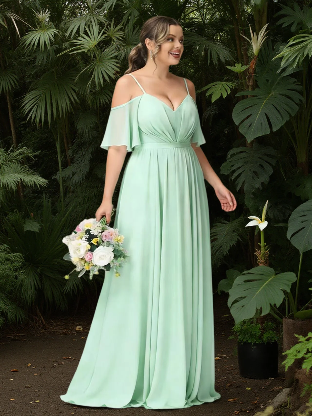 

Plus Size Flowy Chiffon Bridesmaid Dresses Long for Women 2026 Flutter Sleeve A Line Maid of Honor Dress Customized