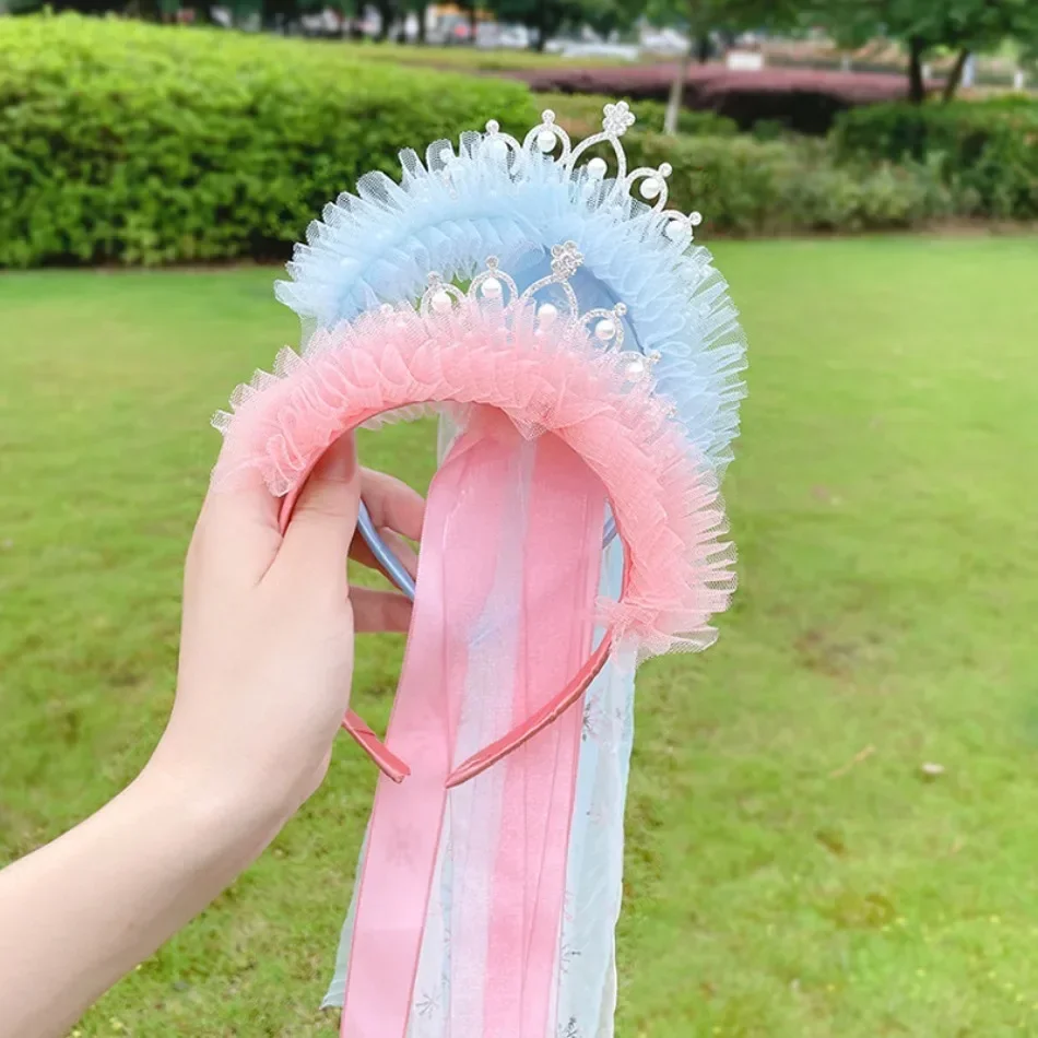 Elsa Headbands for Kids Girl Princess Pink Crown Bow Knot Flower Hairbands Child Blue Mesh Hair Accessories Korean Handmade