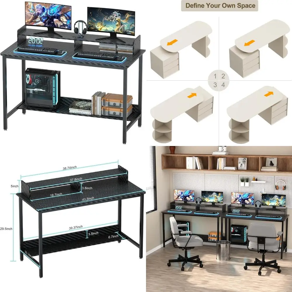 Escritorio para juegos de oficina en casa de 43 pulgadas con estantes de almacenamiento para uso en estudio y estación de trabajo