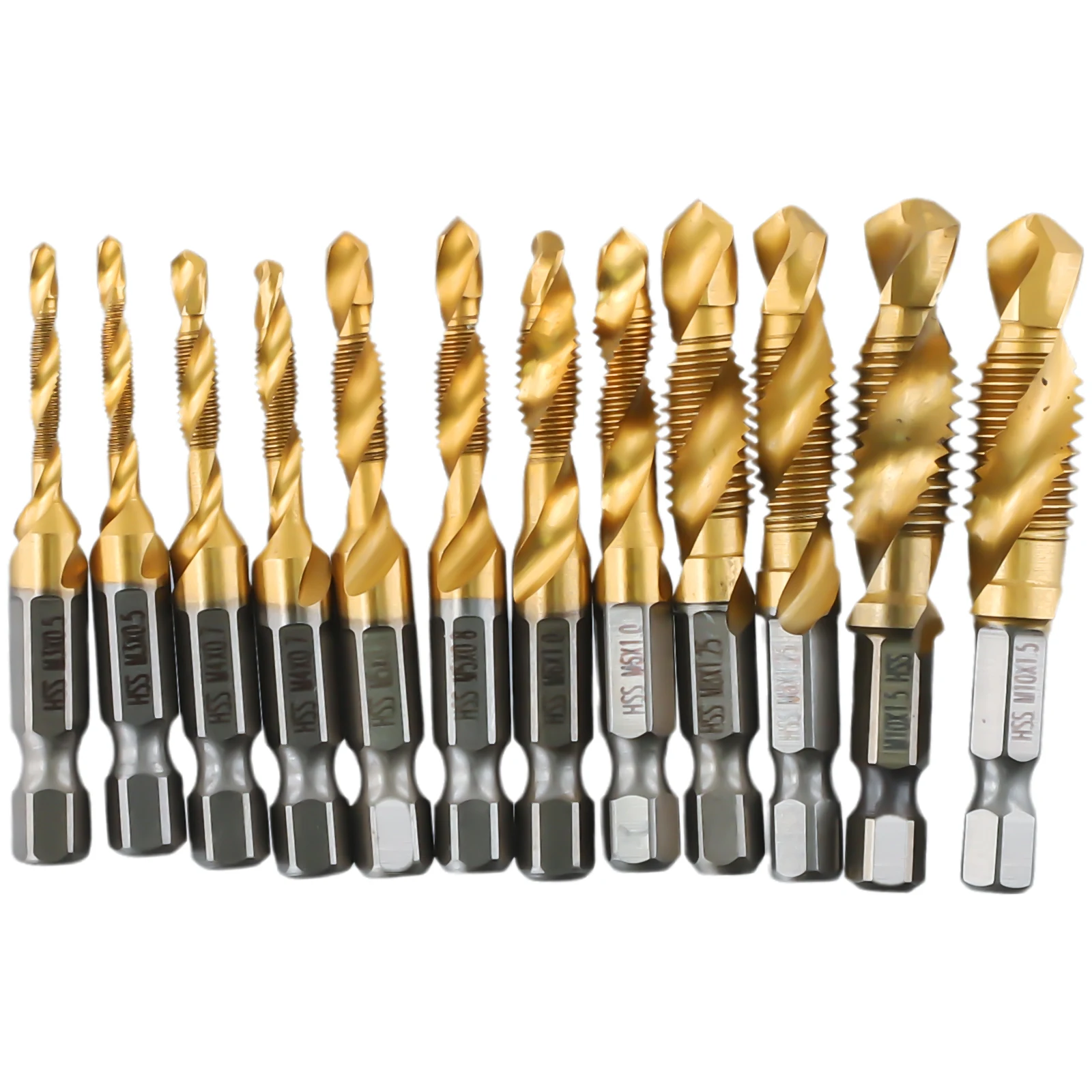 Tap Drill Bit Set Hex Shank Plated HSS Screw Thread Bit Screw Machine Compound Tap 12pcs  Metal And Wood Cutting Tools