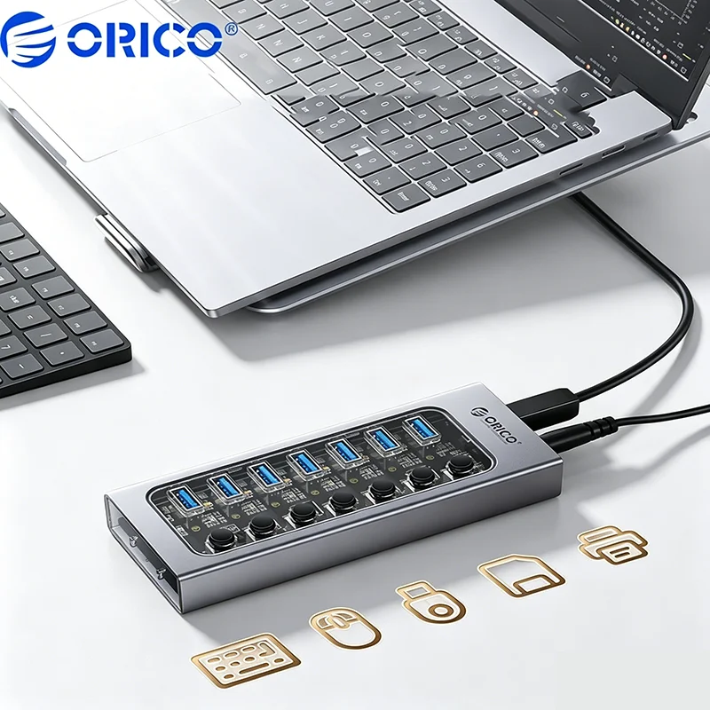 ORICO DC12V Powered USB3.0 Hub Aluminum Splitter With Independent Switch BC1.2 Fast Charging LED Port Expander For Laptop