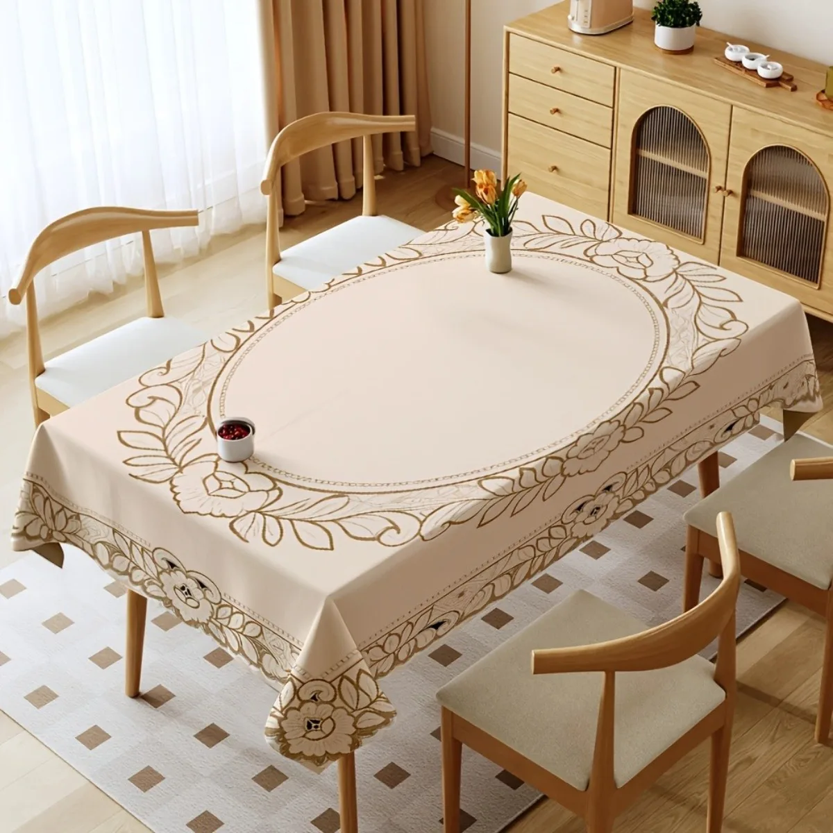 Elegant mink lace tablecloth, suitable for restaurants. Rectangular vintage floral border with oval center pattern.