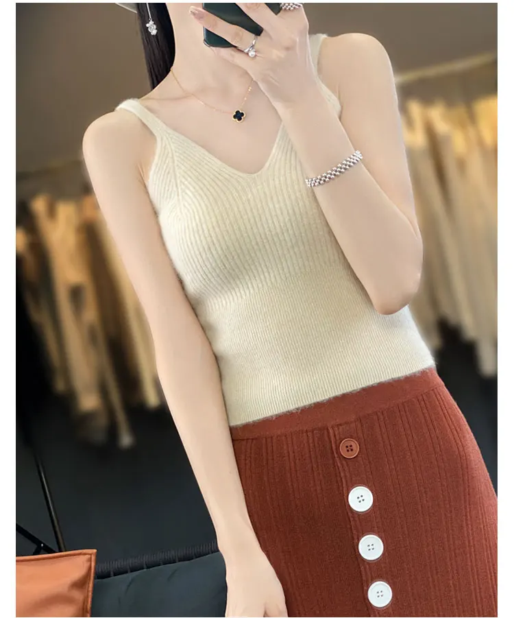 

Luxury Spring Summer 100% Merino Wool Women Camis V-Neck Solid Tank Tops Sexy Sleeveless Female Clothing Vest Tight Outerwears