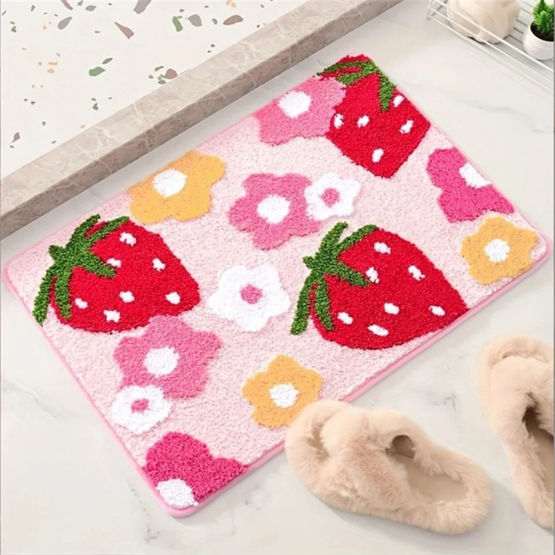 

40x60CM Strawberry Pattern Imitation Cashmere Carpet Decorative Floor Mat for Bedroom Cool Resistant Dirt Maintaining
