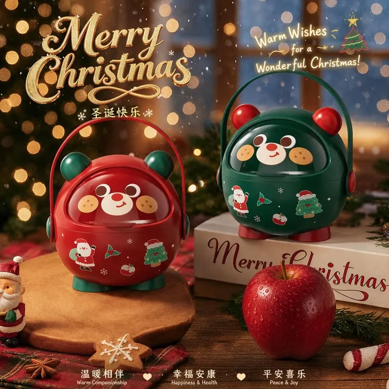 Cute Cartoon Bear Christmas Candy Box with Handle Portable Xmas Gift Storage Box Holiday Party Snack Cookie Packaging Box