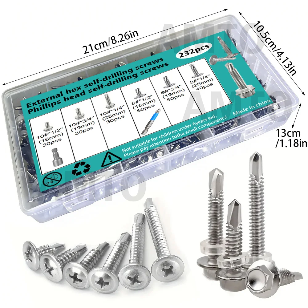 

Набор саморезов из нержавеющей стали, 232 штуки, с шестигранными и крестообразными головками, с насадками для отверток и битами Phillips.