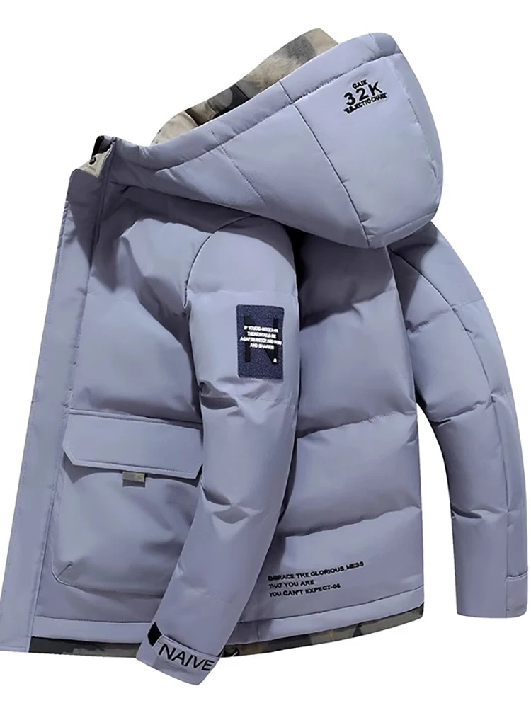 

Men's Thiened down Cotton Jaet Winter Warm Hooded Workwear Anti-Cold Coat Long Sve Youth Faion Printed Casual Coat