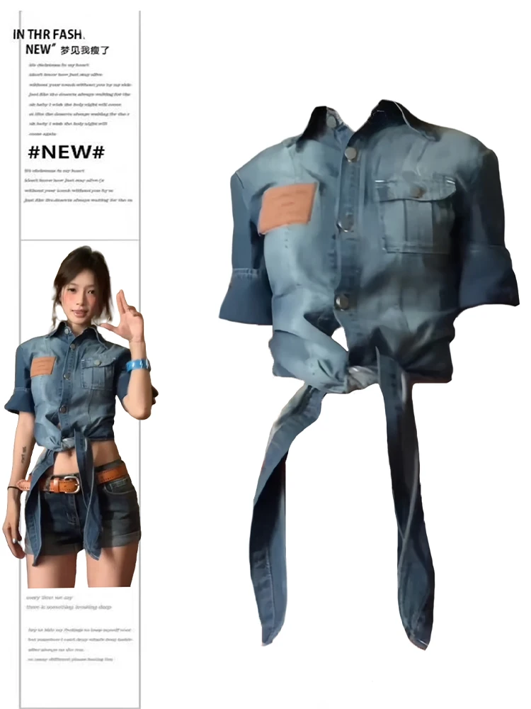 

2025 Осень Зима Женская укороченная джинсовая рубашка Gyaru Блузка с короткими рукавами Kpop Топы Дизайн Кокетка 2000-х Новый дизайн Tide Shoujo