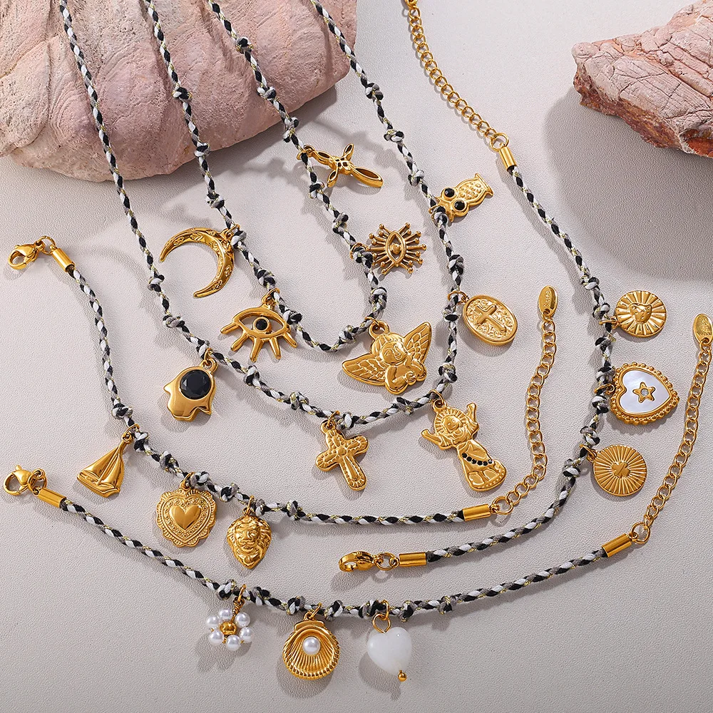 

Angel Multi-pendant necklace, Devil's Eye Cross stainless steel 18k gold-plated rope chain Summer necklace Tarnish Free