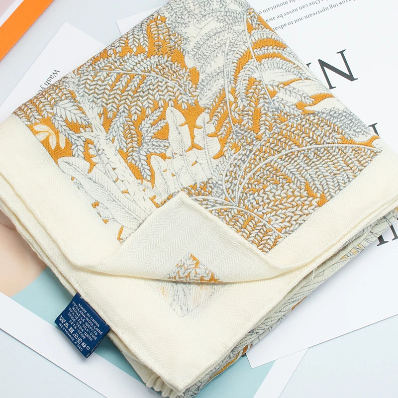 Women's 100% Mulberry Silk Large Square Scarf 135x135cm, Cream Black Botanical Palm Leaf Sketch Print Lightweight Silky Neck Wra