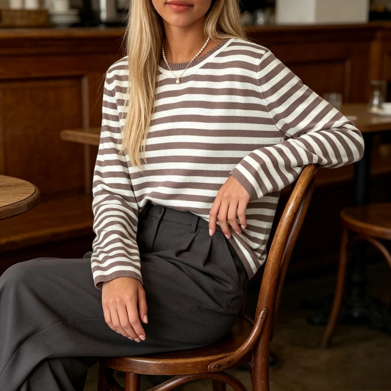 Autumn Winter Women Striped Knit Pullover Sweater Crew‑Neck Long‑Sleeve Loose Elegant Casual Versatile Daily Ladies Jumper Tops