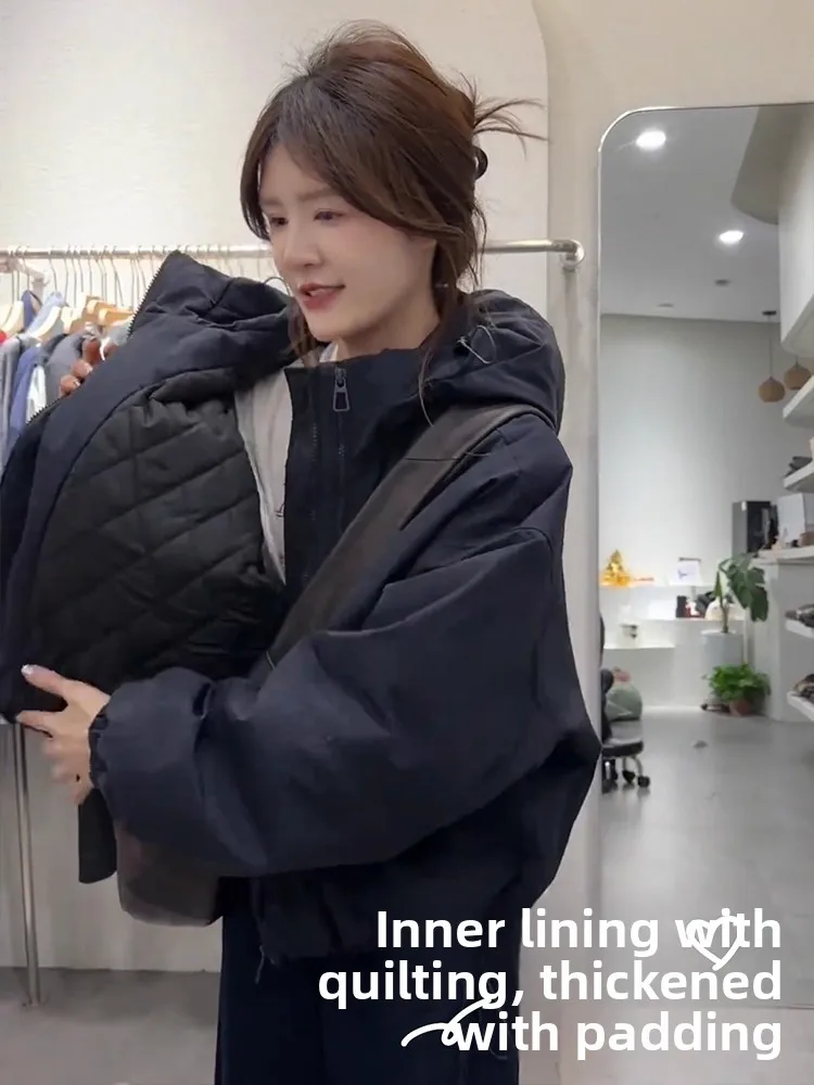 

Winter Thiened Cotton Jaet Women's ort Sle 2025 New All-Match Small Size Trendy Parka Coat with Hood Poly Fiber Fill