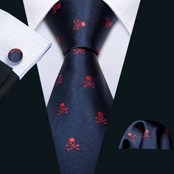 Navy Red Skull Designer Mens Tie Necktie Handkerchief Cufflinks Set Silk Ties For Male Stylish Party Business Gift Barry.Wang