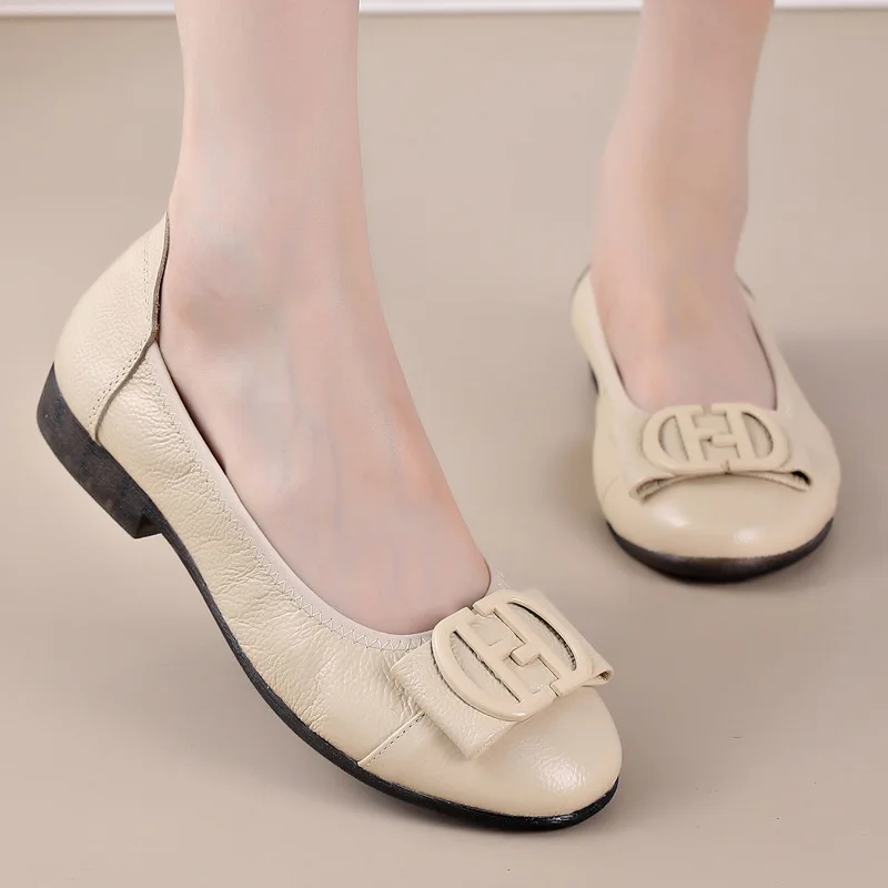 Women Ballet Flats Shoes Women Genuine Leather Rhinestone Buckle Fashion Round Toe Shoes Woman Soft Comfortable Elegant Loafers