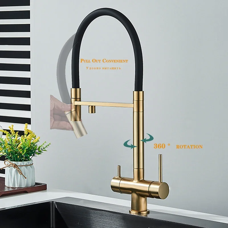 Wanmivezlo Brushed Gold Kitchen Water Filter Faucet Dual Spout Pure Drinking Water Mixer Tap Rotation Water Purification Taps