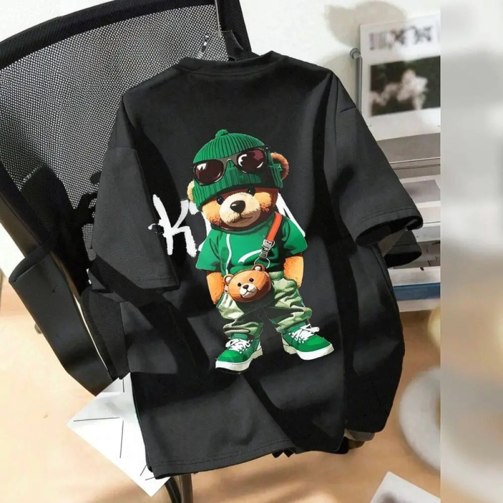 Comfortable Mens Cotton T Shirt Punk Bear 3D Print Short Sleeve Summer Casual Tops Streetwear Fashion Breathable Tee