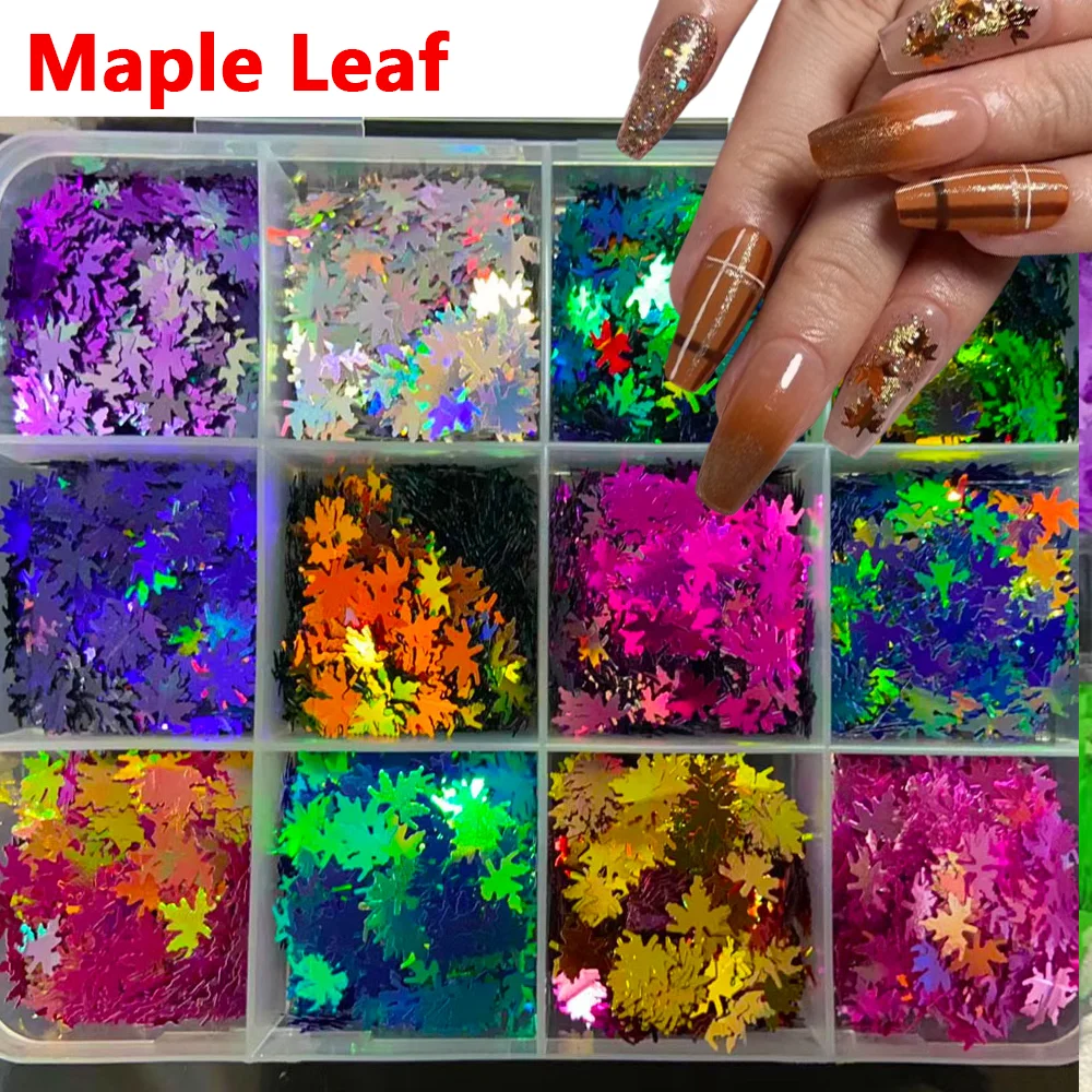 12 ชิ้นหัวใจ/ใบเมเปิ้ล/ผีเสื้อเล็บ Glitter เลื่อมจํานวนรูปโฮโลแกรมเงา Flakes วันวาเลนไทน์เล็บ Paillette