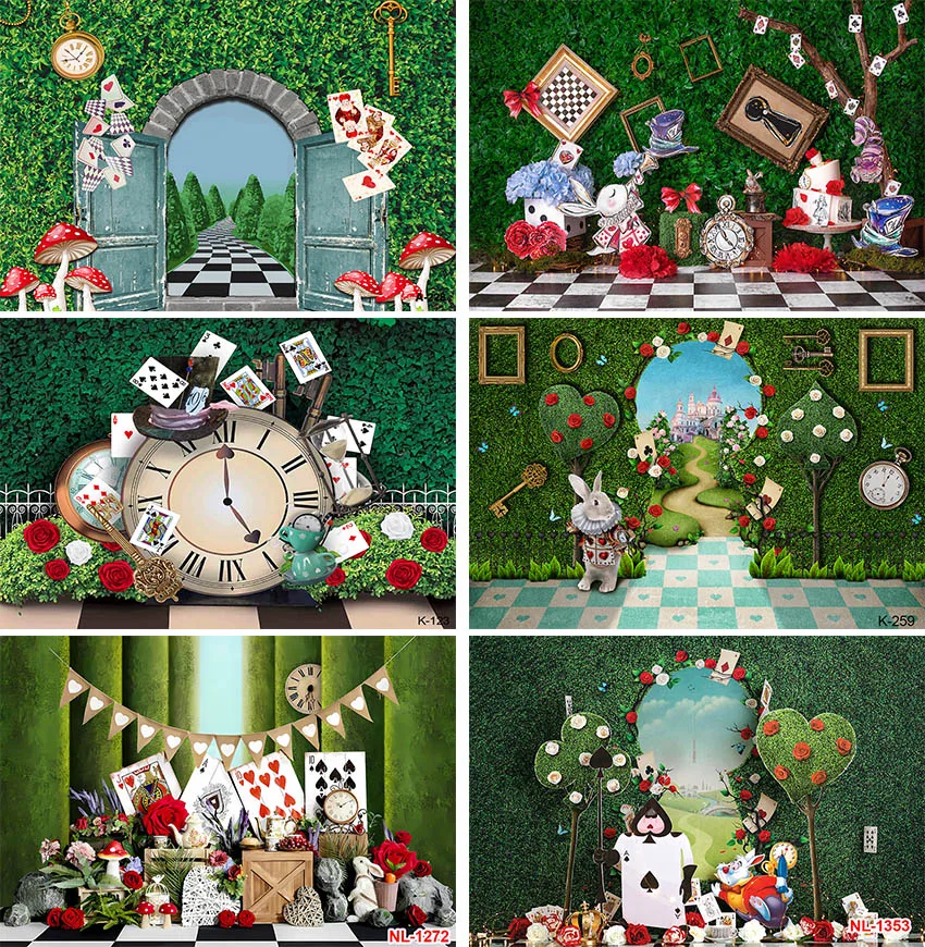 

Wonderland Enchanted Tea Party Photography Backdrop Kids Fairy Tale Green Grass Birthday Background Checkerboard Rabbit Banner