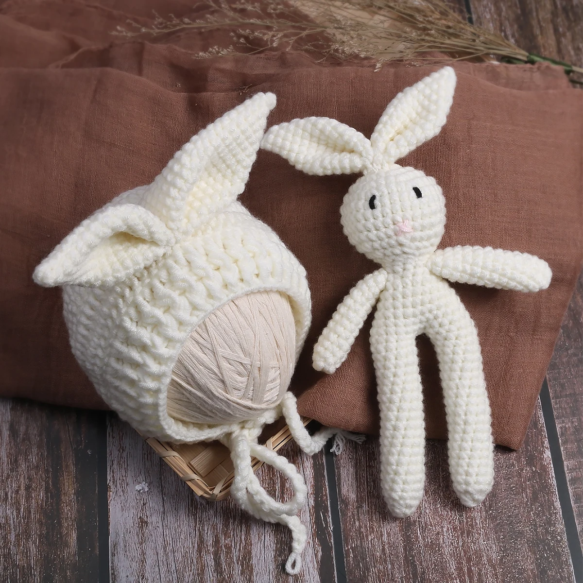 Ylsteed-Muñeca de conejo tejida a mano con orejas, sombrero para sesión de fotos, trajes de fotografía para niña recién nacida, accesorios para sesión de fotos infantil