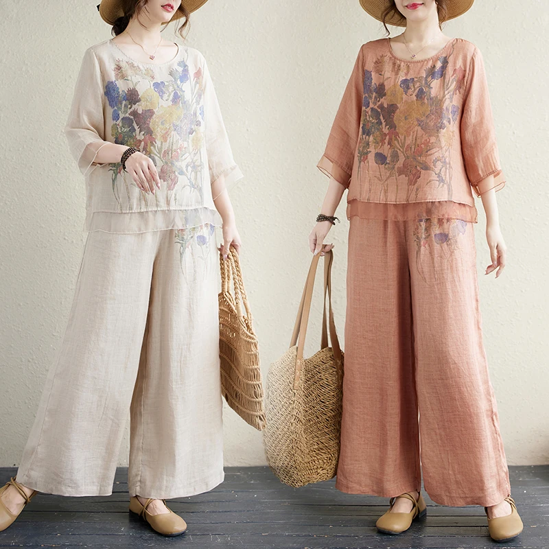 

High-End Cotton Linen Set Women's Wide Leg Pants Summer Faion Two-Piece Suit Mom's Clothing New Arrival 2025