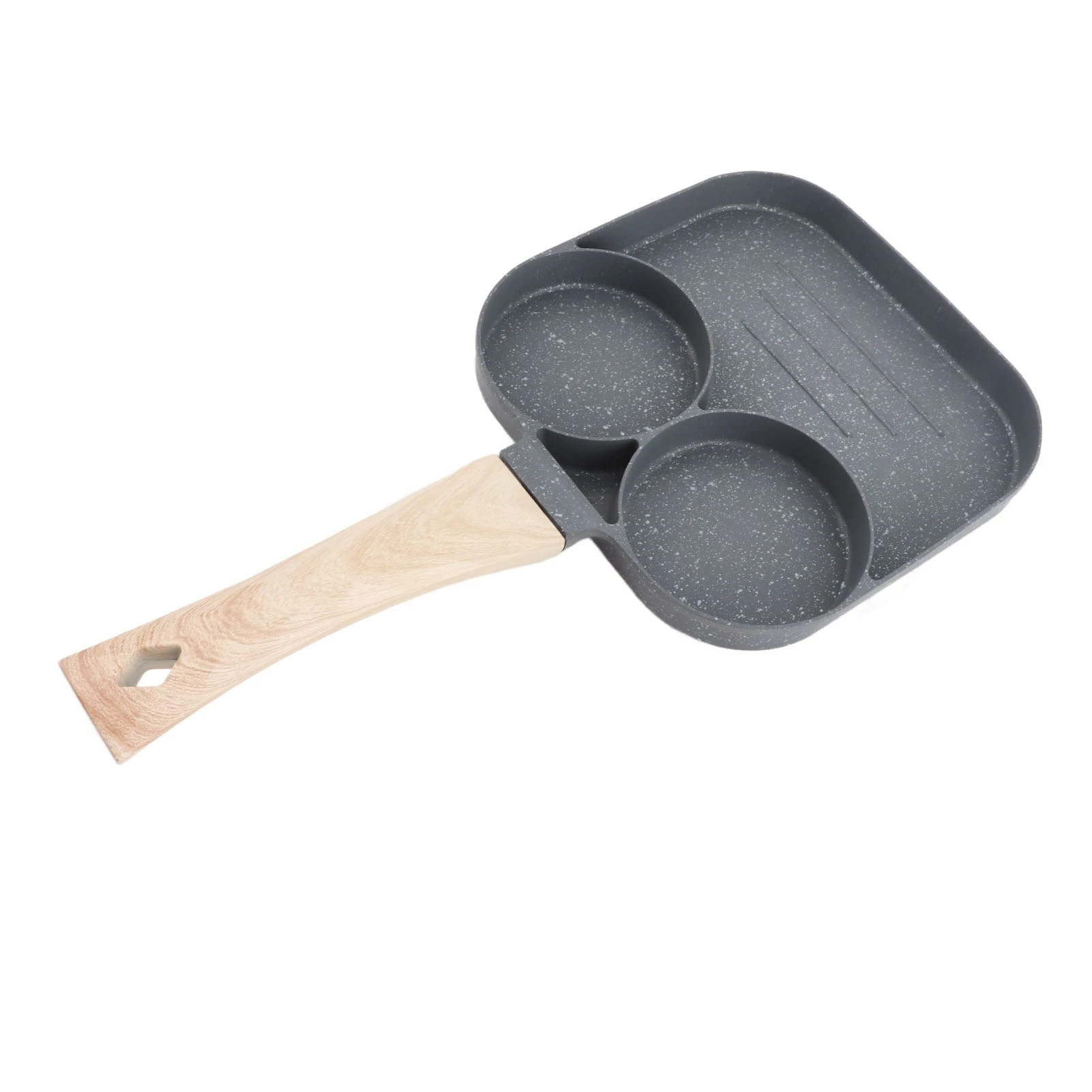 Egg Frying Pan 2 Round Cup 3 Section Stick Proof Breakfast Cooking Pan with Wooden Handle for Induction Gas Stove