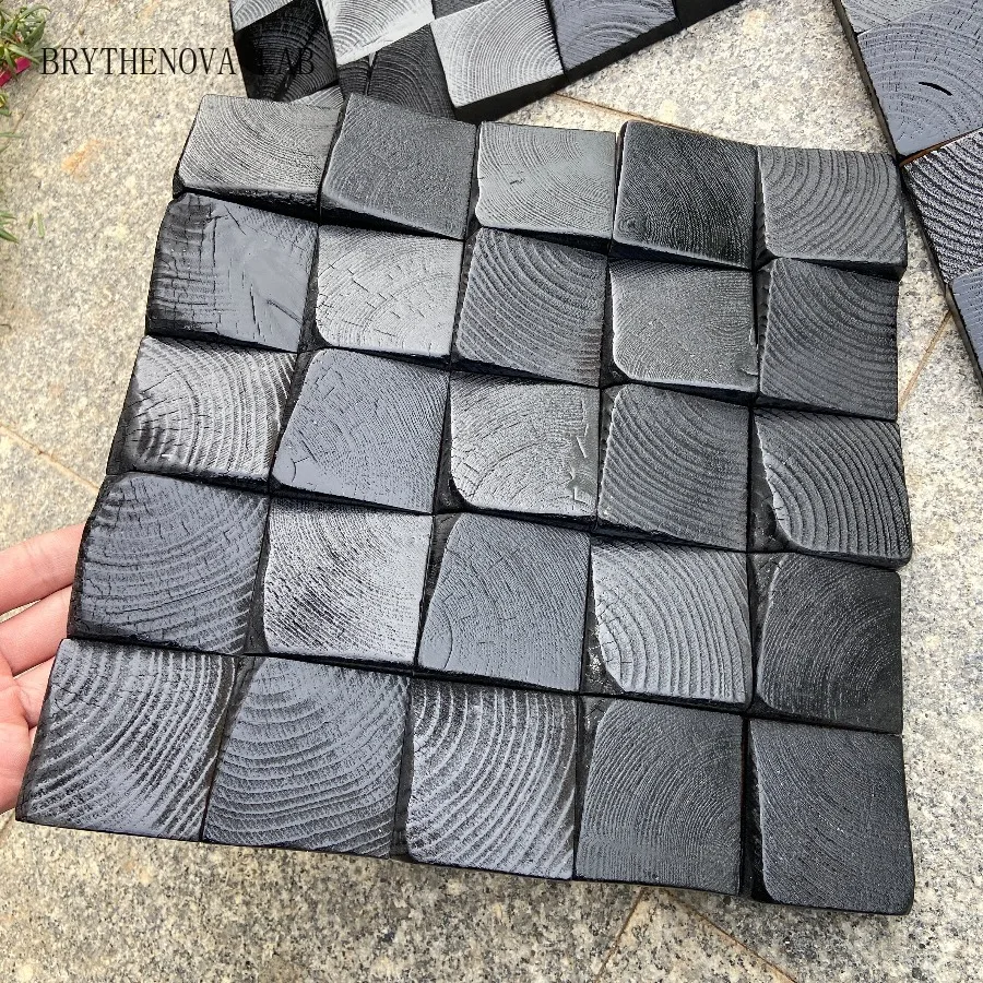 Natural Solid Wood 3D Art Wall Stickers Carbonized Black Lacquer Tile Mosaic Background Panel Wall Decor for Home Office Bedroom