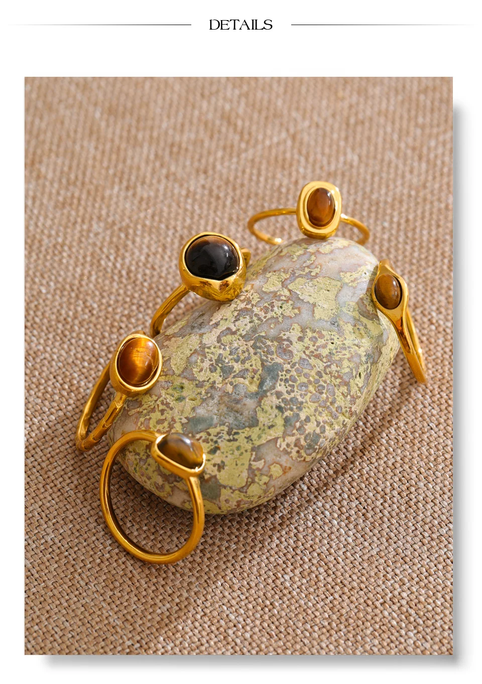 Yhpup Größe 7 Edelstahl-Ring mit natürlichem Tigerauge-Stein, 18K Goldfarben PVD-beschichtet, wasserdicht, dünn, schick, modischer Fingerschmuck – Detail 6