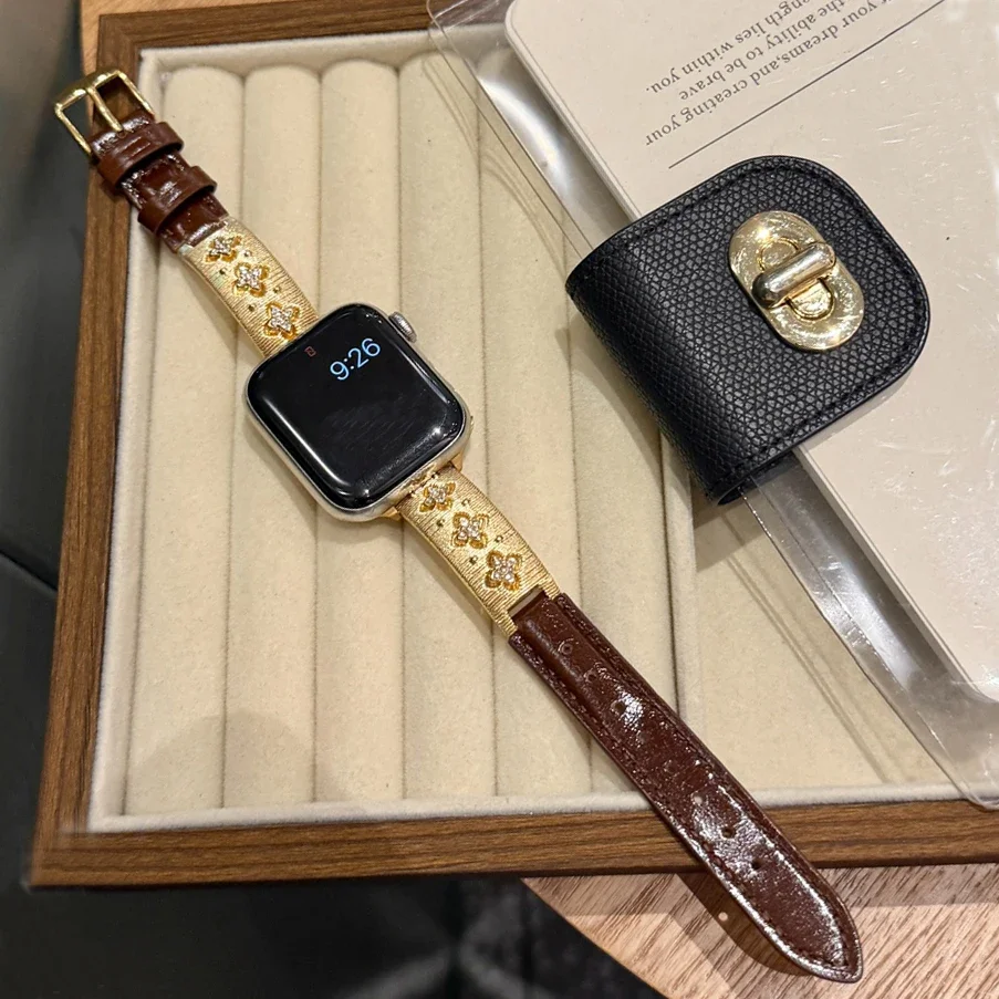 

Элегантный изысканный ремешок для Apple IWatch Series 10, 9, 8, 7, 6, 5, 4 SE Ultra, ремешок для часов 38/40/41/42/44/45/46/49 мм, кожаный металлический браслет