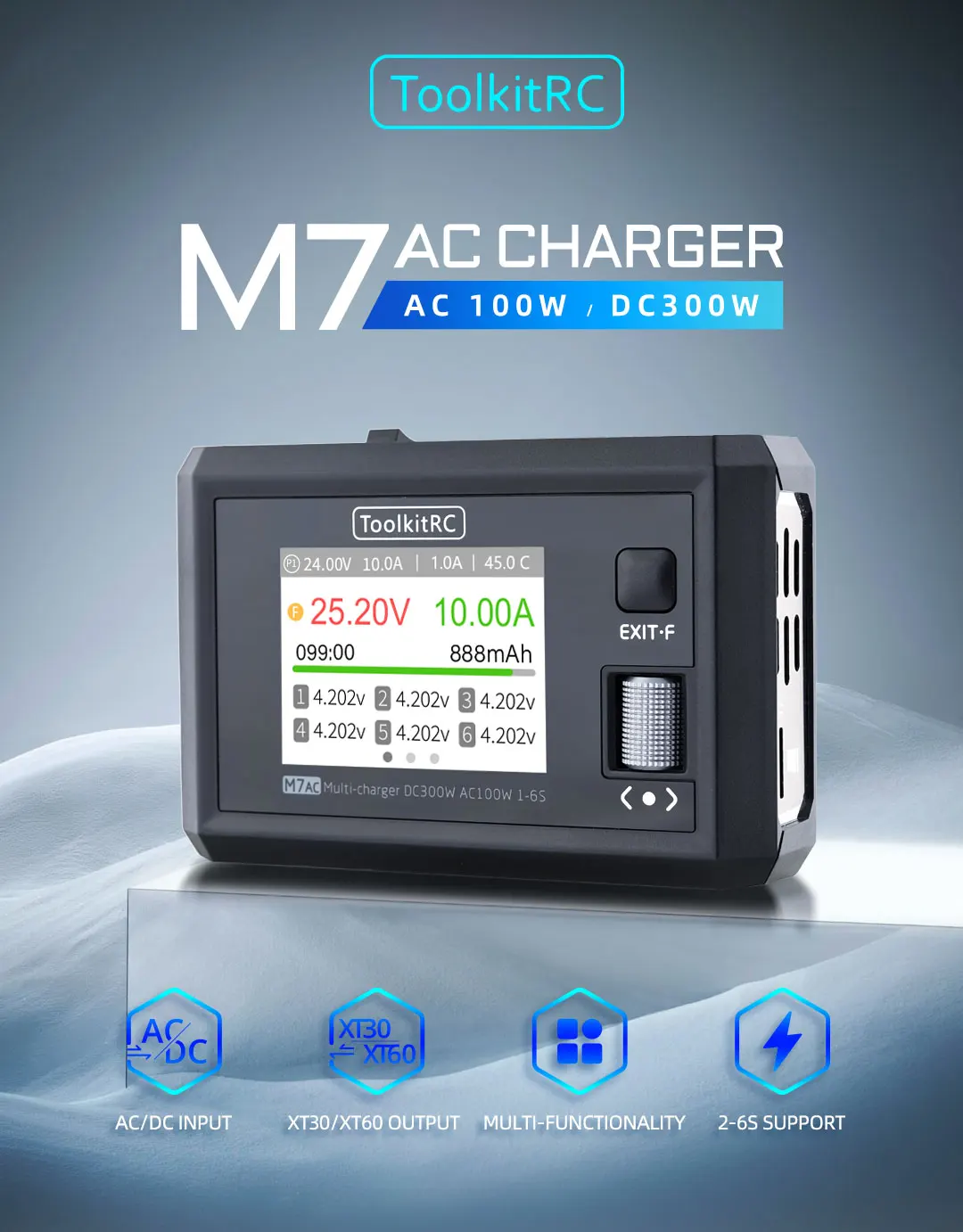 ToolkitRC M7AC Multi-functional Balance Charger 100W AC 300W DC XT60 XT30 Dual Output Charger for 2-6S Lipo Battery RC FPV Drone