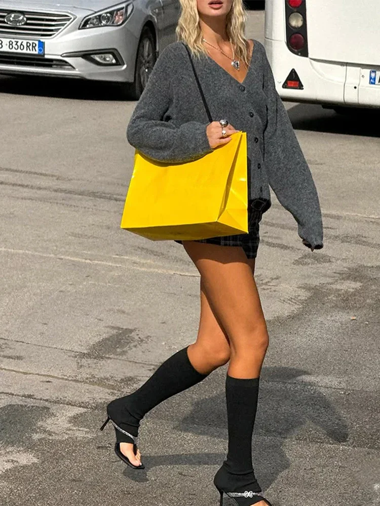 

Однотонный серый вязаный кардиган, женский повседневный однобортный свободный свитер с v-образным вырезом и длинными рукавами, женские повседневные уличные кардиганы