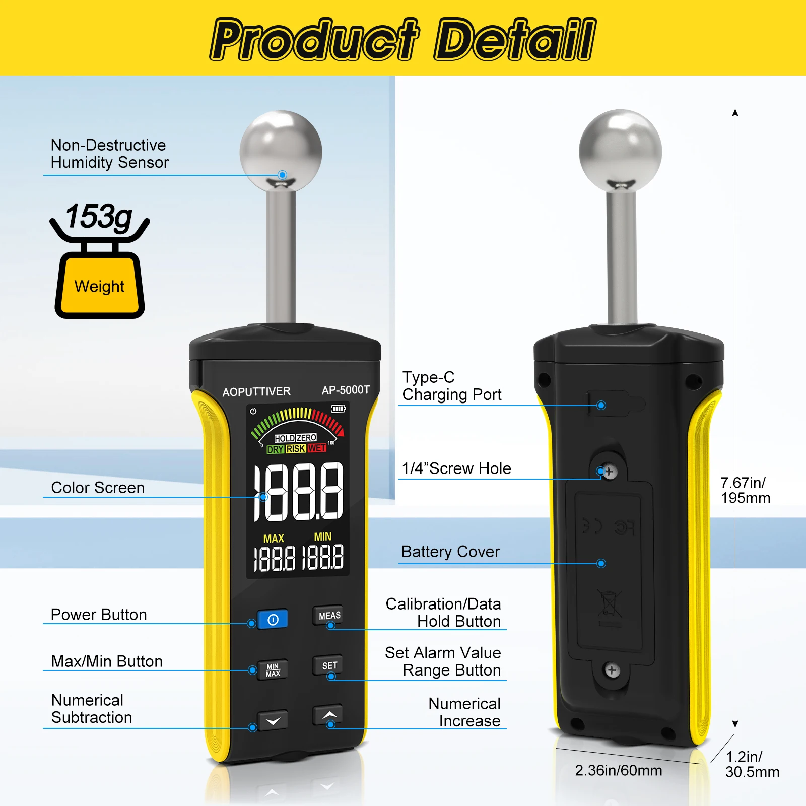 5000T Non-Destructive Moisture Meter 20-40mm Depth Color Screen 400mAh DRY/RISK/WET Alarm for Concrete Wood Flooring