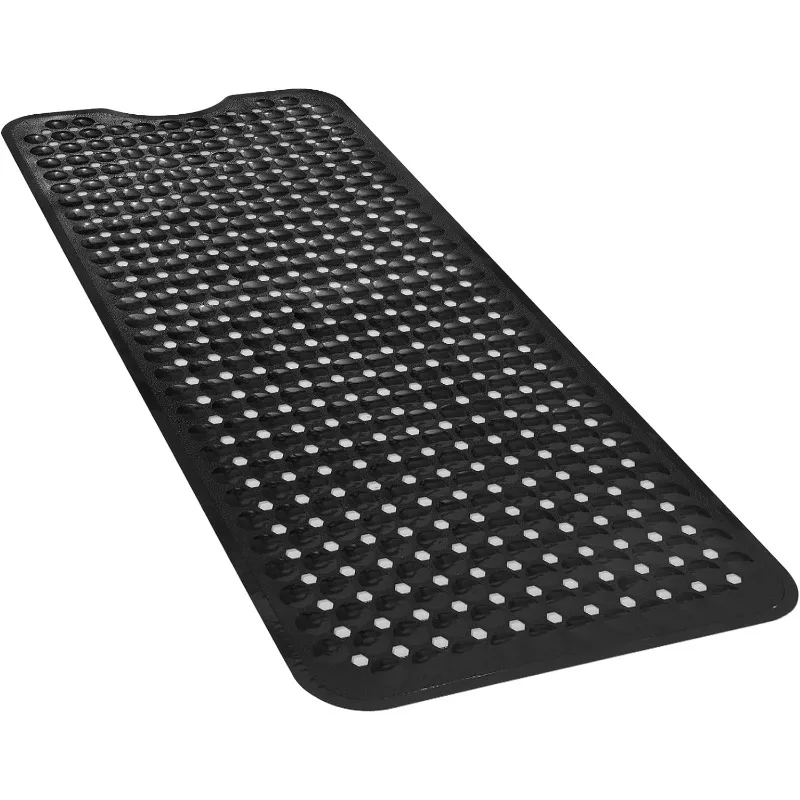 Extra Long Non Slip Bath Mat, Bath Tub Mat with Suction Cups & Drain Holes for Bathroom，Machine Washable Bathroom Mats (Black)