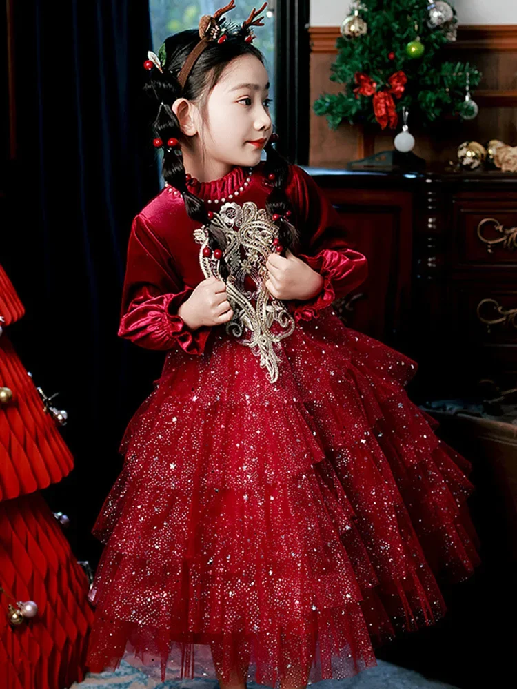 2024 Party Dress for Junior Girls Kids Kid Autumn Christmas Luxurious Sequins Tulle Tutu Dresses Children Baby Clothing Elegant