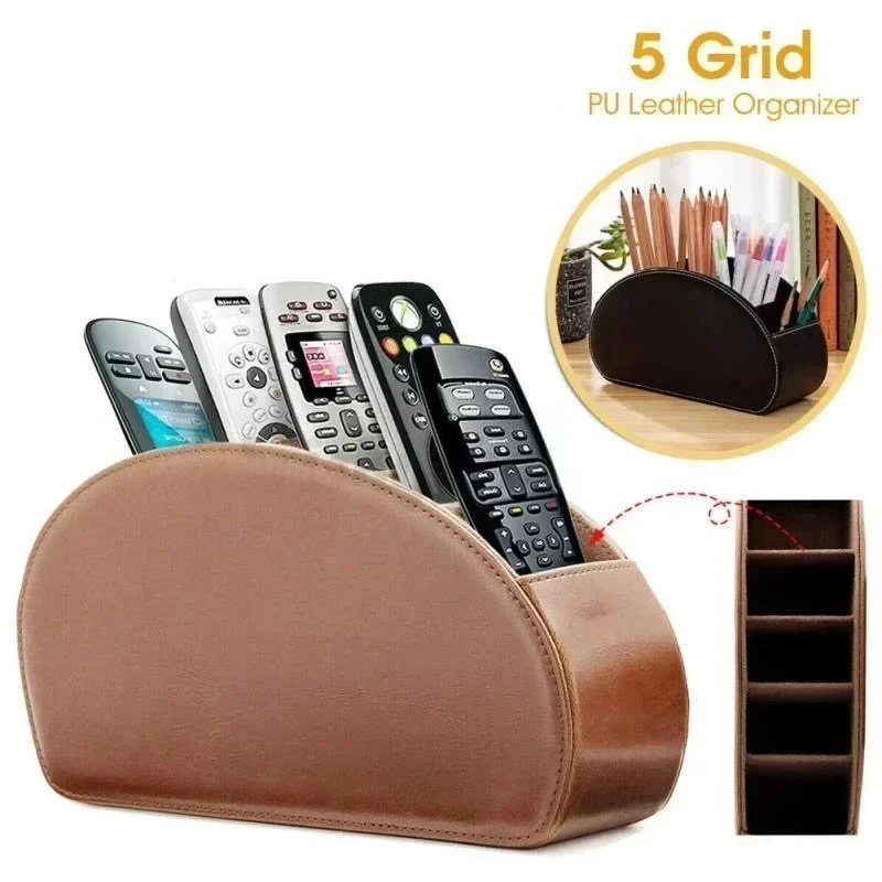 5 Grid Luxurious Pu Leather Organizer Remote Control Phone And TV Holder Desk Storage Box Cosmetics Brush Home Storage Holder