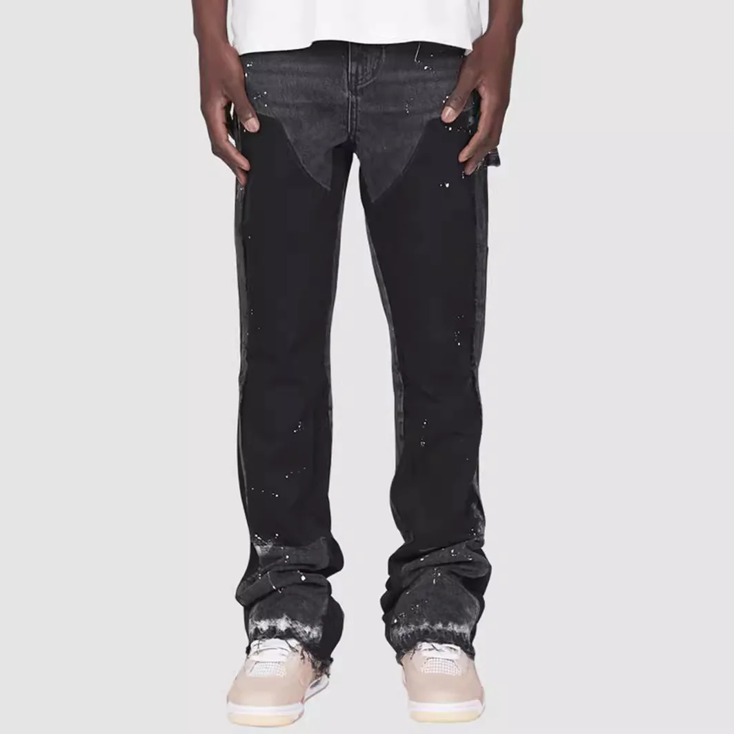 

2025 high street splashed ink ripped patchwork jeans for men and women trendy brand American straight slim micro-flared trousers