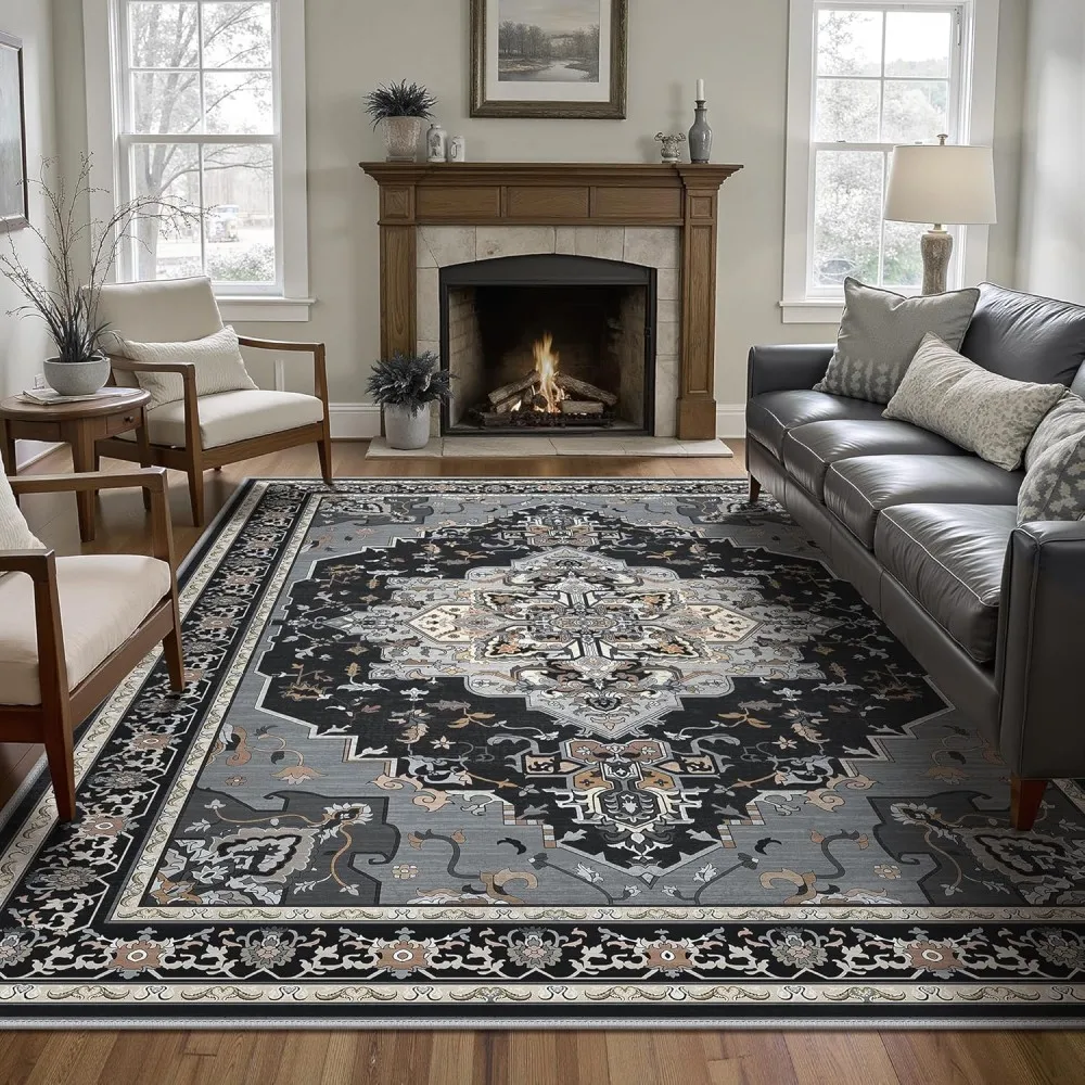 Grey White Central Medallion Classic Luxury Area Rug High End Printed Carpet for Formal Living Room Grand Floor Mat