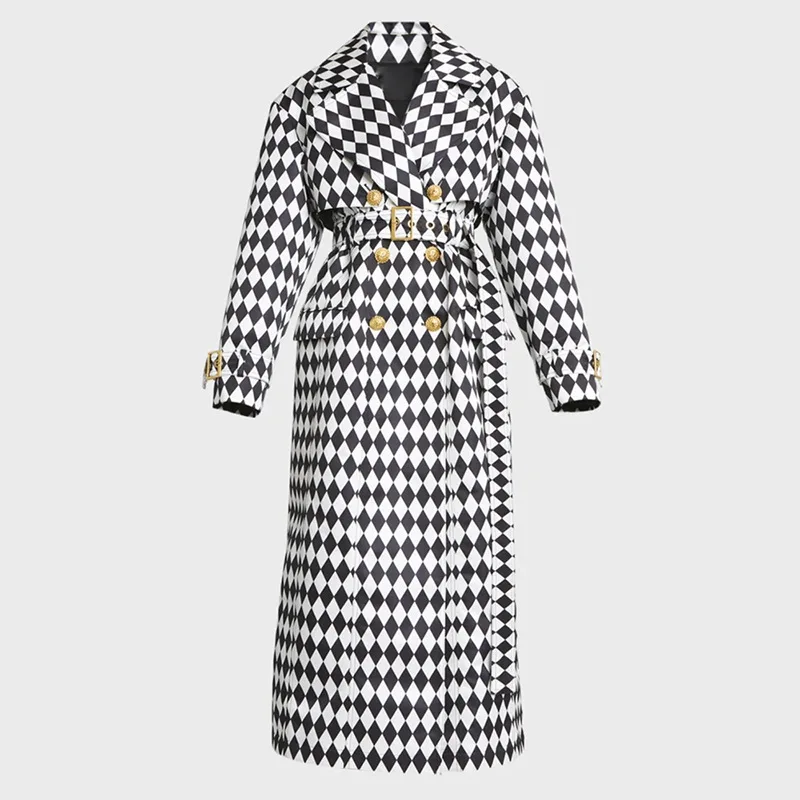 Black and White Grid X Long Windbreaker Coat for Women, Double Breasted Outwear with Belt, European Fashion, Autumn and Winter