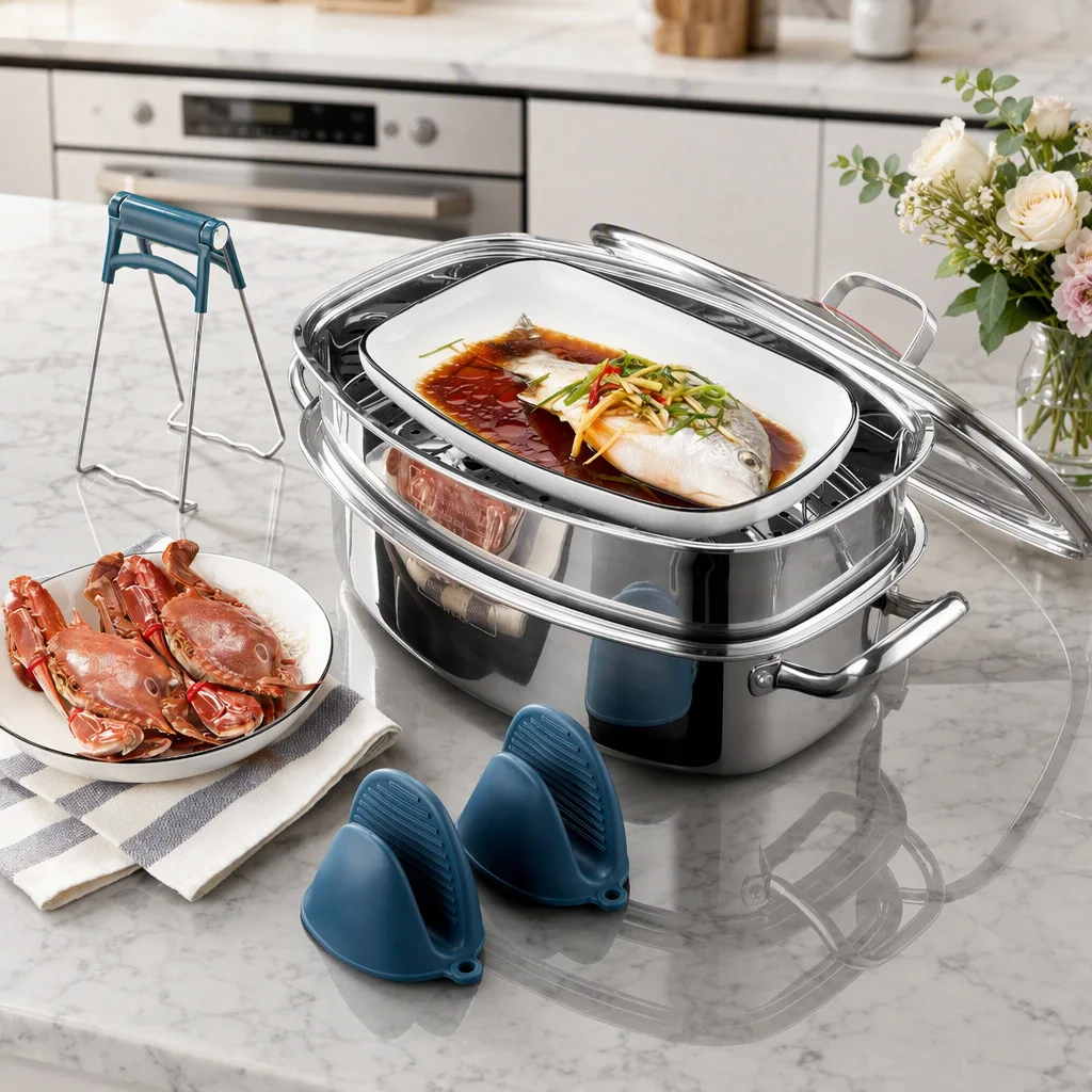 304 stainless steel fish steamer, duck steamer, oval steamed chicken, fish steamer artifact, double bottom household thickened