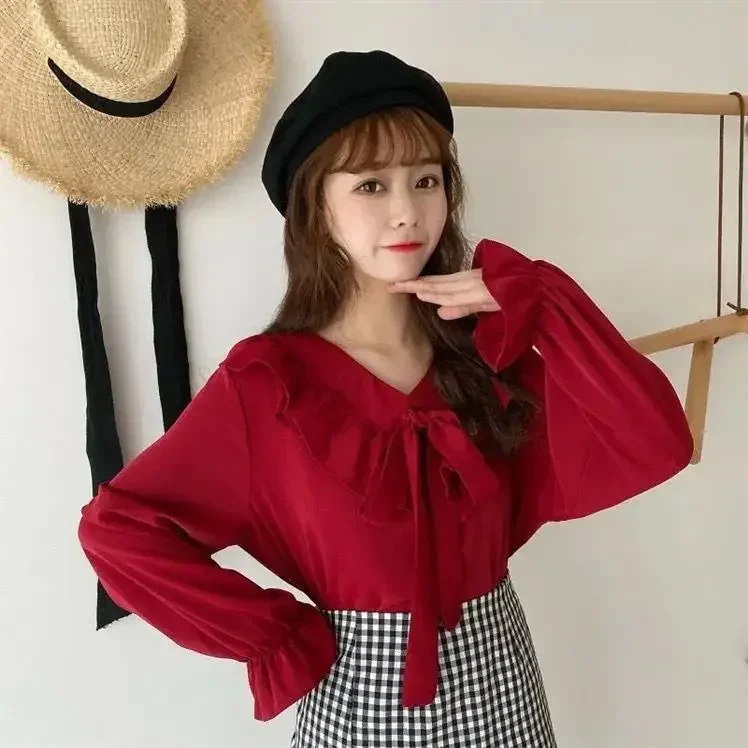 Blouse Women Shirt V-neck Bow Long-Sleeved Red Shirt Spring and Autumn Chiffon Top Blusas Mujer