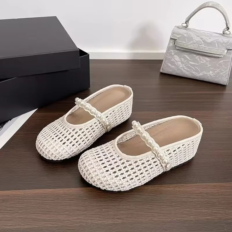 

Women Woven Mules Summer Home Hollow Out Breathable Flat Sandals Elegant Closed Toe Slip on Outdoor Garden Slippers Shoes