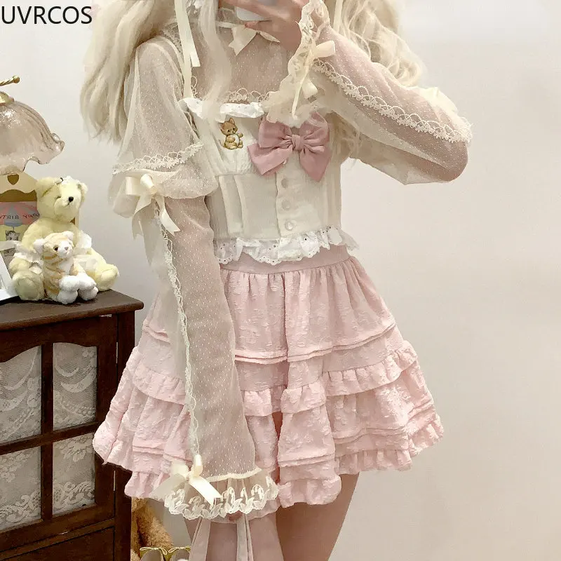 Victorian Gothic Lolita Shirts Women Vintage Elegant Rose Bow Lace Blouses Girls Japanese Style Long Sleeved Chiffon Mesh Tops