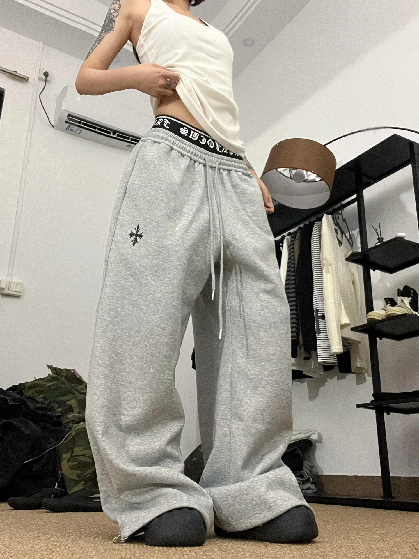 Gothic Style Double Waist Casual Pants Wide Leg Loose Fit Men's Women's Draping Long Trousers Trendy Cotton Blend Fabric