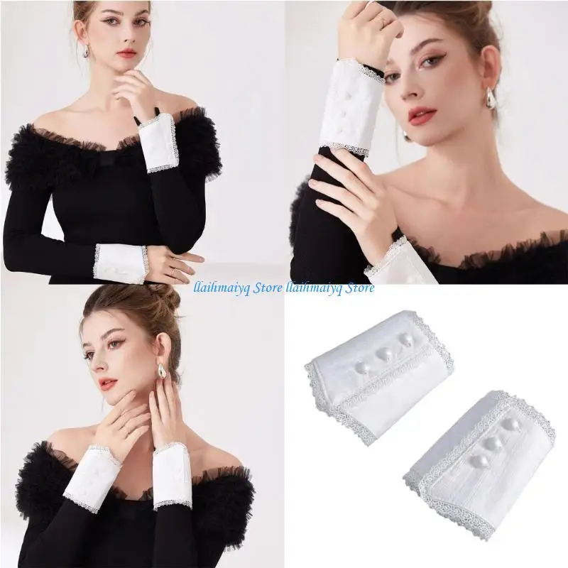 573B Victorian Lace Wrist Cuffs Pair for Women with Button Detail Hand Sleeves