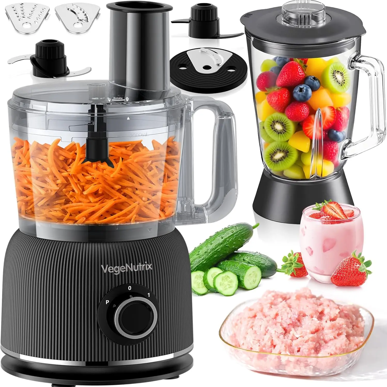 

Food Processor and Blender Combo, 88 oz Food Chopper for Meat, Vegetable and Dough, 70 oz 700W Glass Jar Blender with 2 Speeds